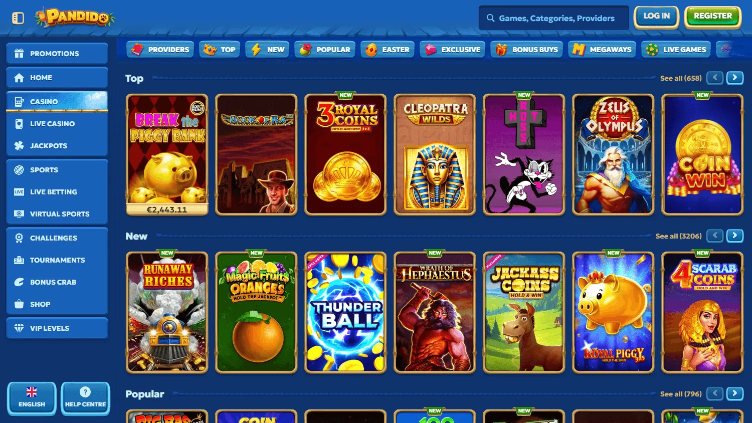Pandido Casino games selection on desktop