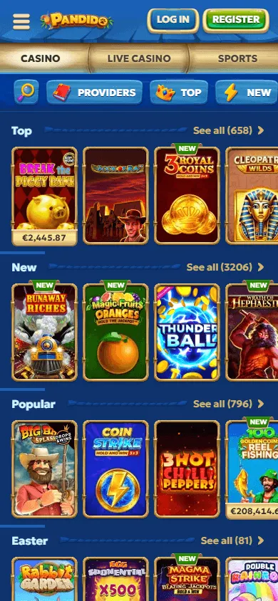 Pandido Casino games on a mobile browser